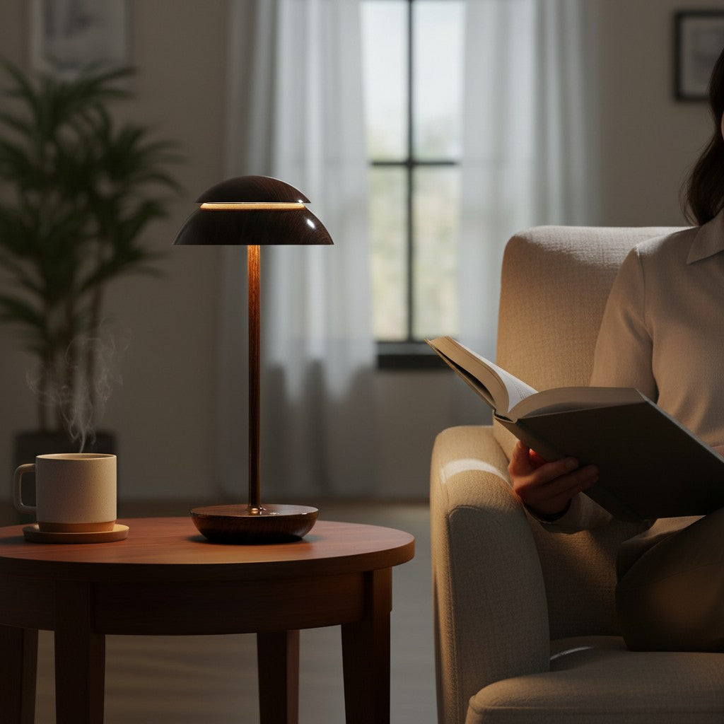 Lampe de table Lumeoo design nordique en bois sombre avec éclairage LED doux sur une table basse dans un salon cosy