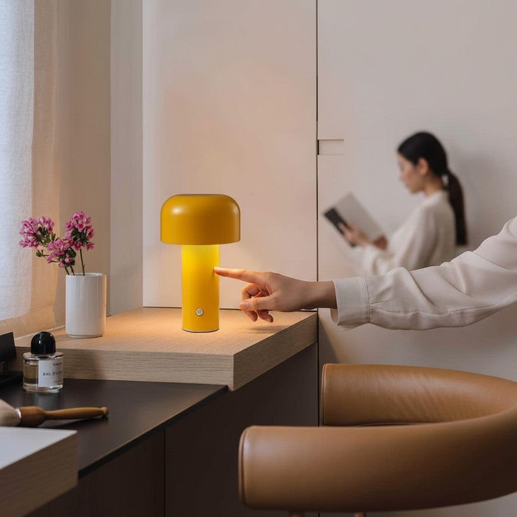 Lampe de table champignon Lumeoo jaune tactile posée sur un bureau avec une femme lisant en arrière-plan
