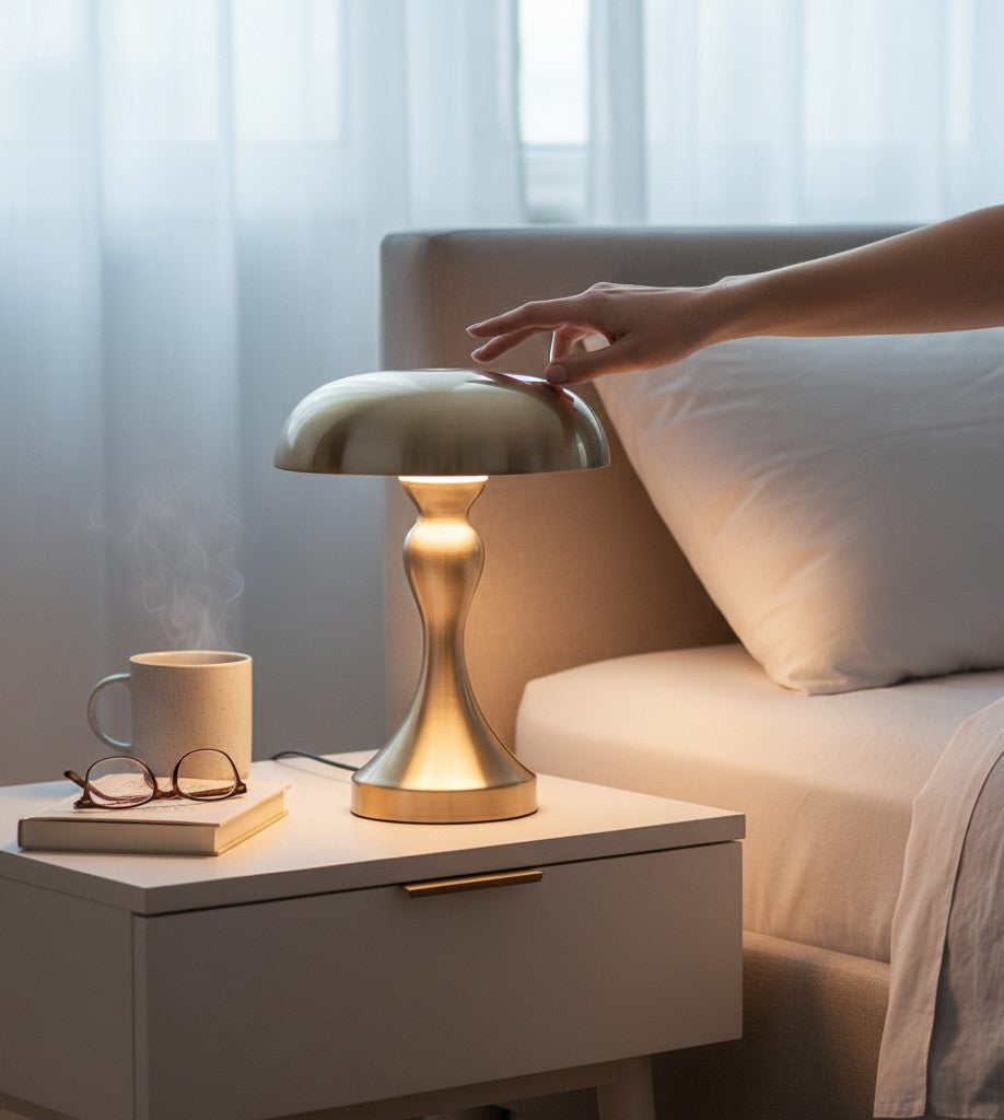 Lampe de table champignon Lumeoo dorée tactile sur une table de chevet avec une main qui l'allume