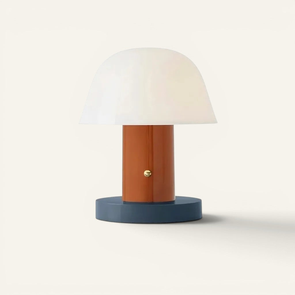 Lampe de table champignon Lumeoo tactile rechargeable avec abat-jour blanc, pied orange et base bleue