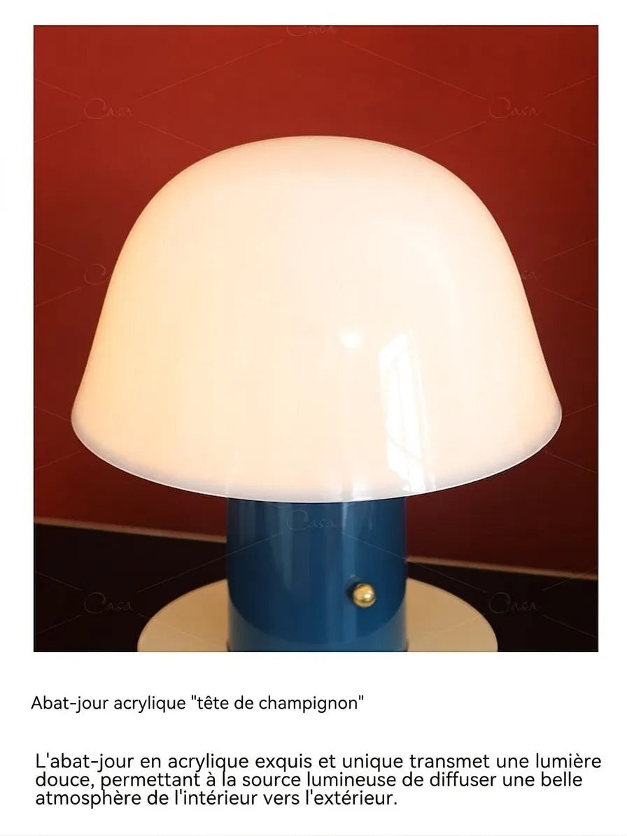 Lampe de table champignon Lumeoo tactile rechargeable avec abat-jour en acrylique blanc et pied bleu moderne