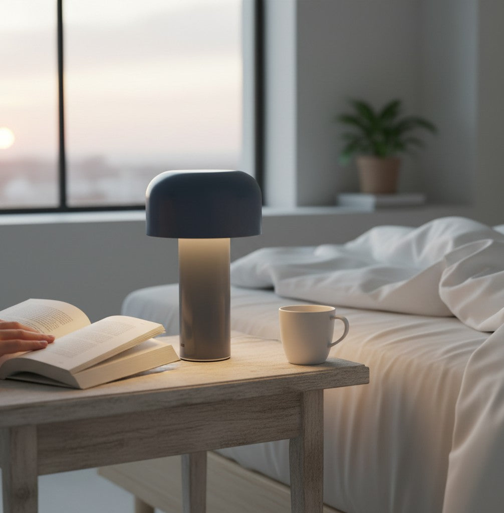 Lampe de table champignon tactile Lumeoo bleue sur une table de chevet près d'un lit avec une tasse et un livre