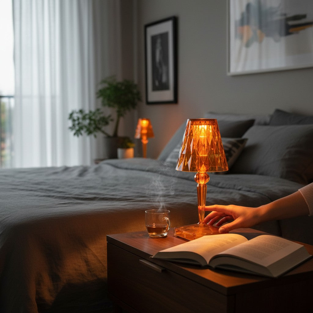 Lampe de table Lumeoo en cristal ambré rechargeable posée sur une table de chevet pour une ambiance cosy