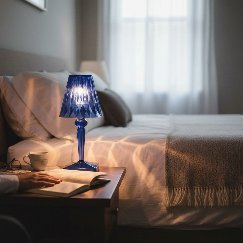 Lampe de table Lumeoo en cristal bleu rechargeable posée sur une table de chevet pour une ambiance cosy et élégante
