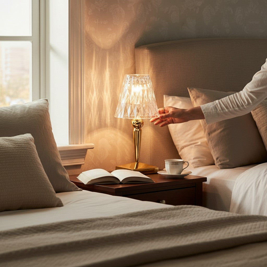 Lampe de table Lumeoo CRYSTIX en cristal avec pied doré, posée sur une table de chevet dans une chambre élégante.