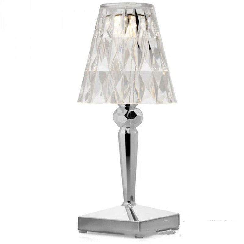 Lampe de table Lumeoo CRYSTIX en cristal transparent avec pied chromé, luminaire décoratif sans fil et rechargeable