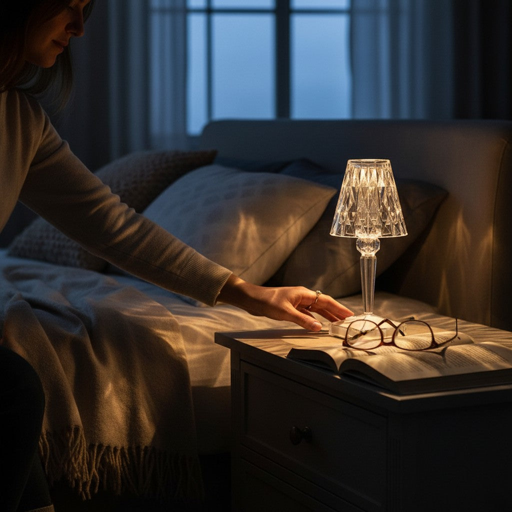 Lampe de table Lumeoo CRYSTIX en cristal rechargeable posée sur une table de chevet diffusant une lumière chaleureuse