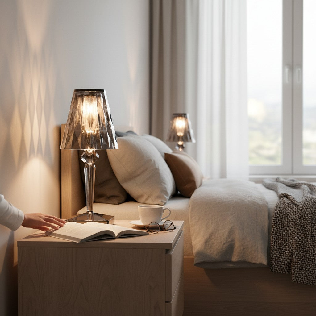 Lampe de table Lumeoo en cristal facetté diffusant une lumière douce sur une table de chevet dans une chambre cosy