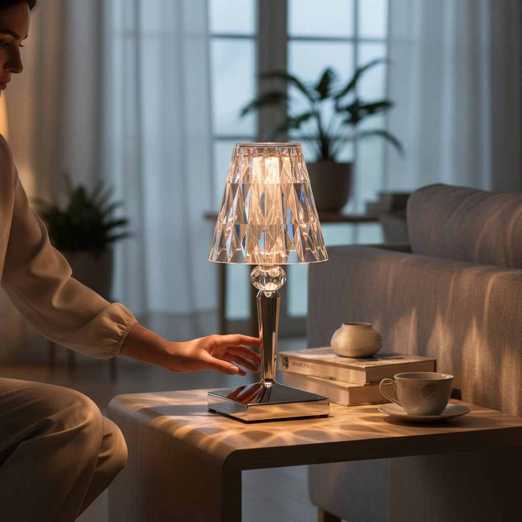 Lampe de table Lumeoo en cristal rechargeable au design facetté diffusant une lumière chaleureuse dans un salon cosy