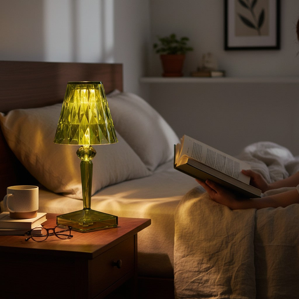 Lampe de table Lumeoo en cristal vert rechargeable posée sur une table de chevet pour une ambiance lecture cosy