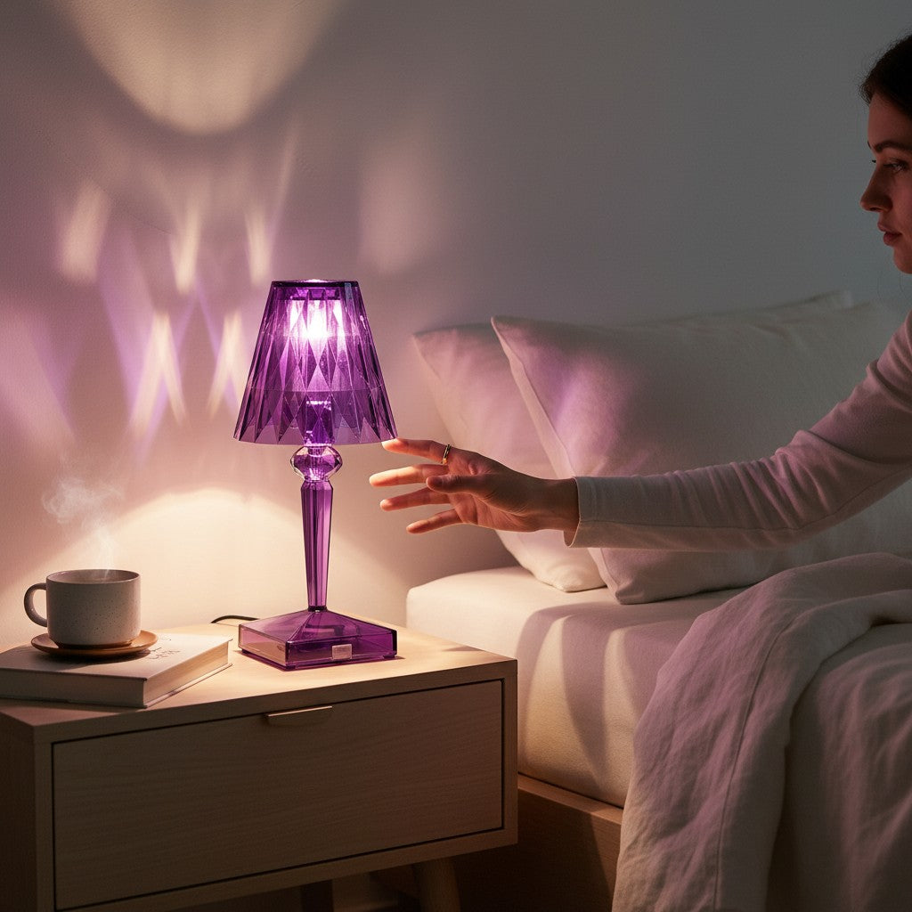 Lampe de table Lumeoo en cristal violet rechargeable posée sur une table de chevet créant une ambiance lumineuse douce