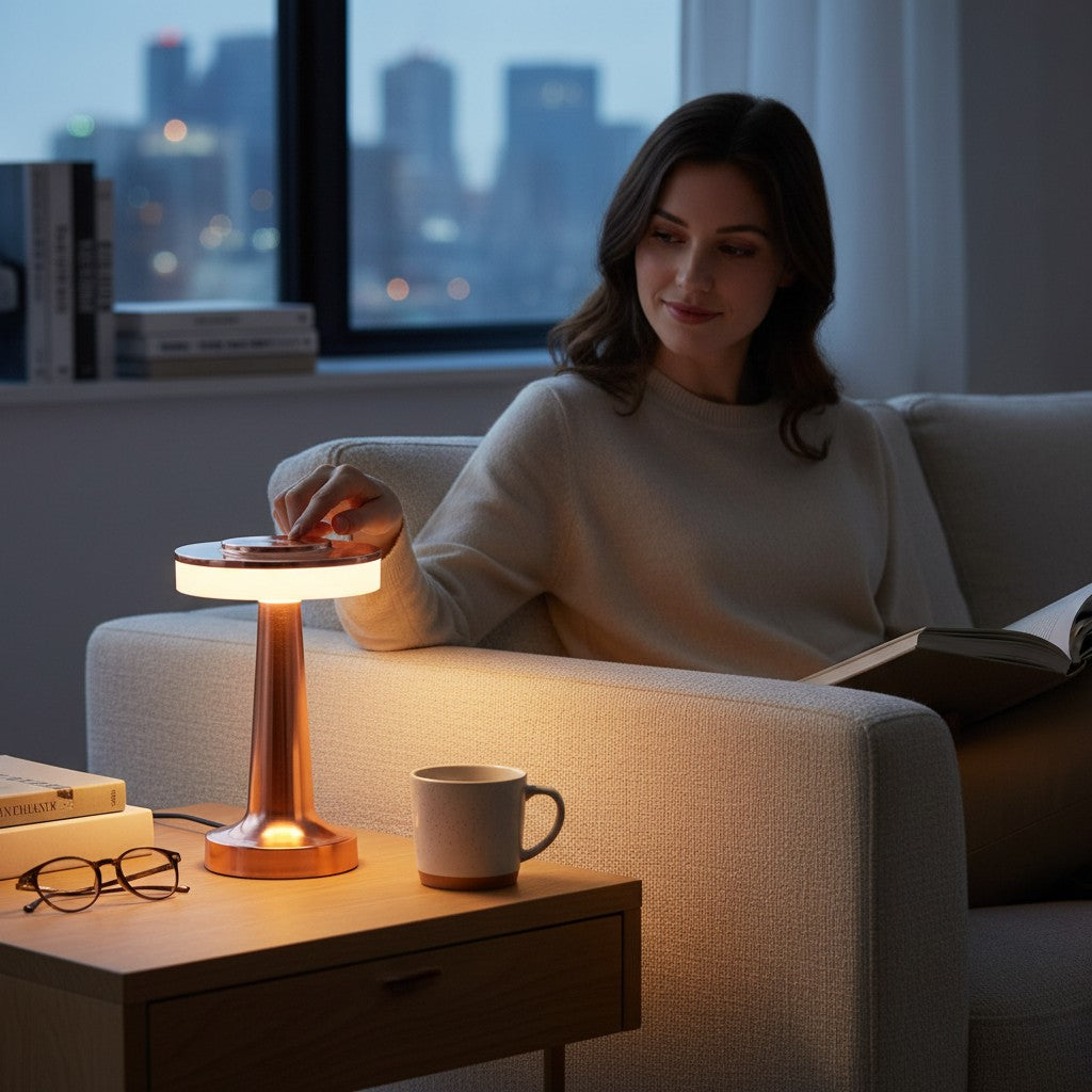 Lampe de table sans fil Lumeoo dorée posée sur une table basse près d'une femme lisant dans un salon cosy Image