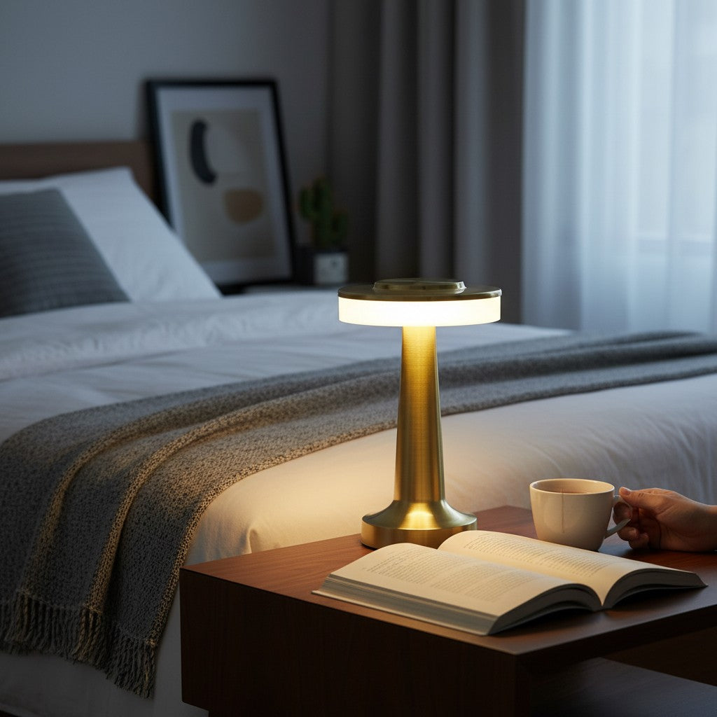 Lampe de table sans fil Lumeoo dorée au design minimaliste posée sur une table de chevet dans une chambre cosy