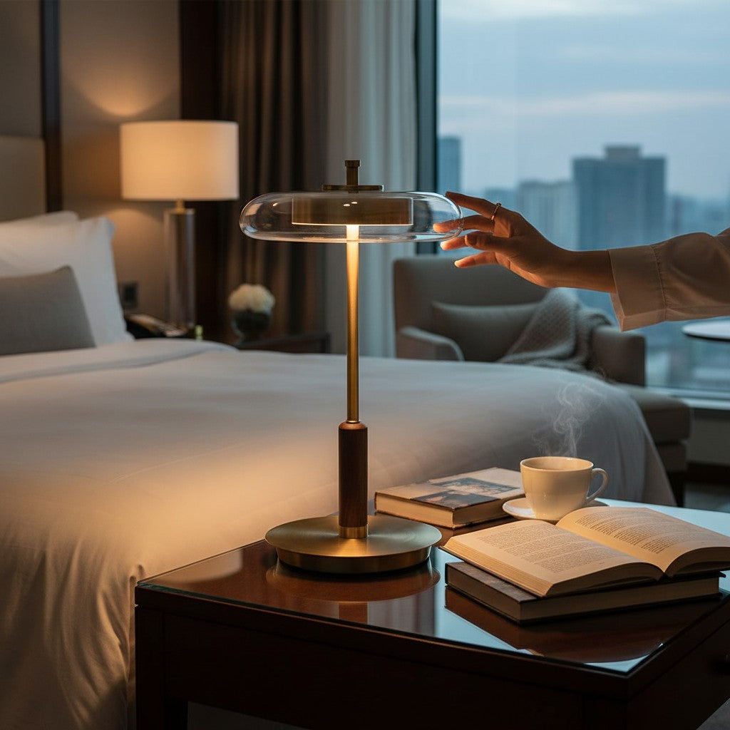 Lampe de table Lumeoo en laiton et bois avec abat-jour en verre sur une table de chevet dans une chambre élégante