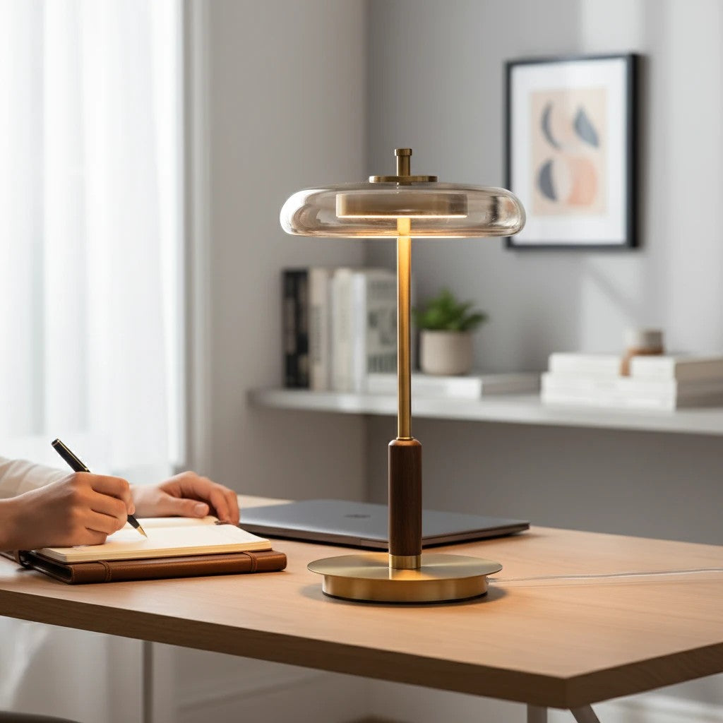 Lampe de table Lumeoo en laiton et bois avec abat-jour en verre, posée sur un bureau en bois dans un intérieur moderne.