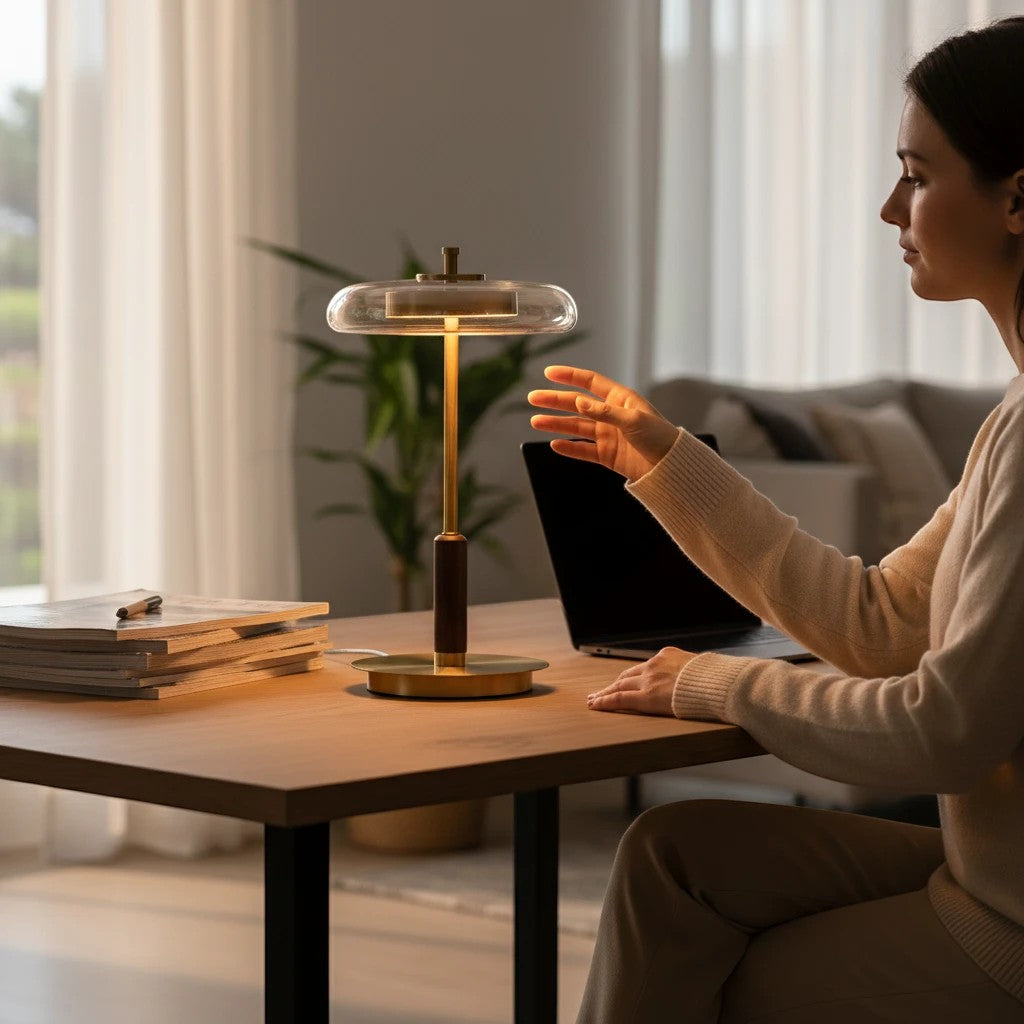 Lampe de table Lumeoo en laiton et bois avec abat-jour en verre, diffusant une lumière chaude sur un bureau moderne.