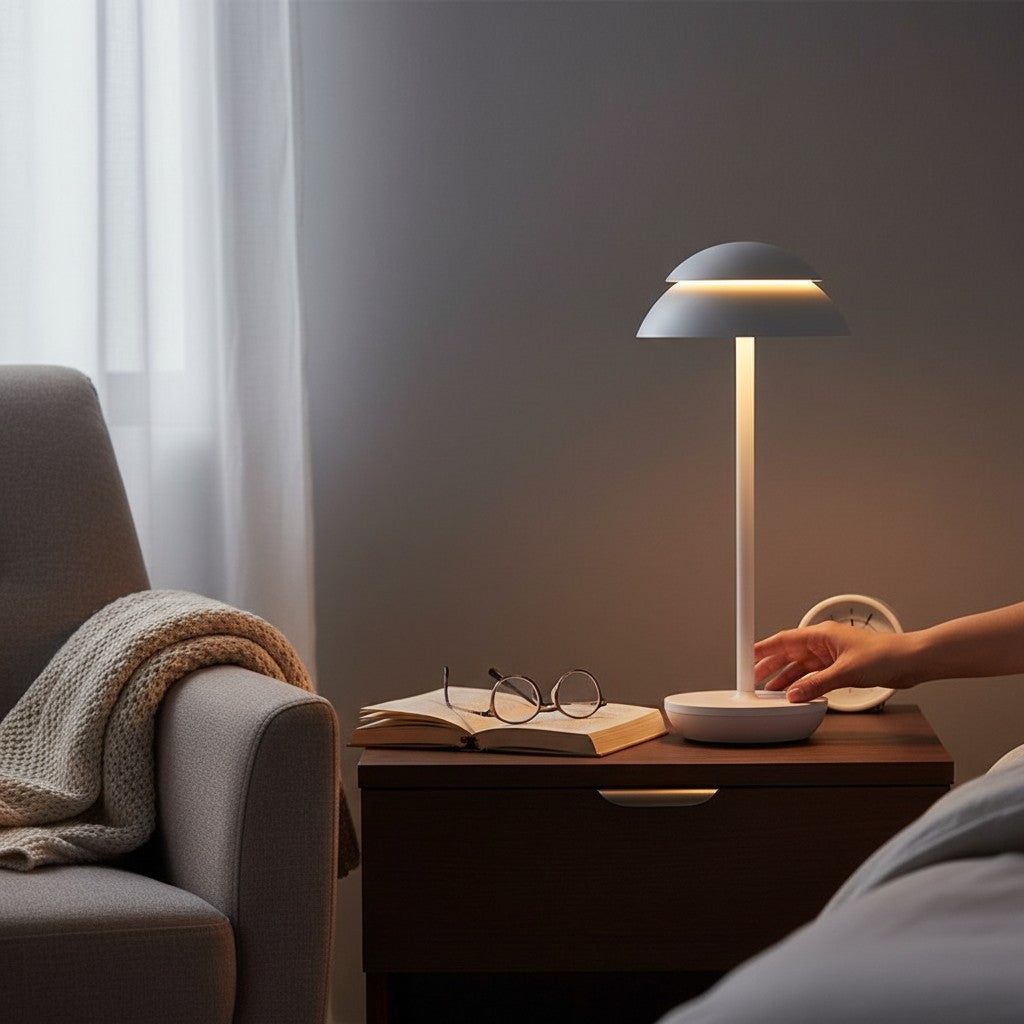 Lampe de table LED rechargeable Lumeoo au design nordique minimaliste blanc posée sur une table de chevet
