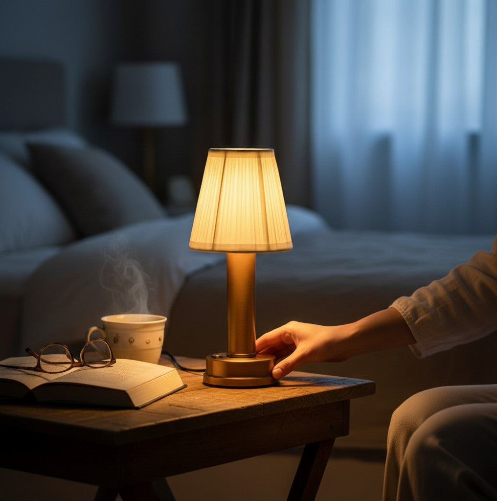Lampe de table LED rechargeable Lumeoo dorée avec abat-jour plissé sur une table de chevet pour une ambiance cosy Image
