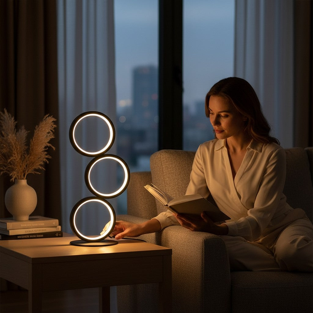 Lampe de table LED tactile Lumeoo à trois anneaux lumineux noirs, posée sur une table près d'une femme qui lit.