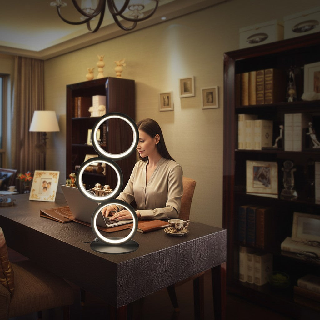 Lampe de table LED tactile Lumeoo TOUCHLUX à trois anneaux lumineux sur un bureau dans un salon élégant