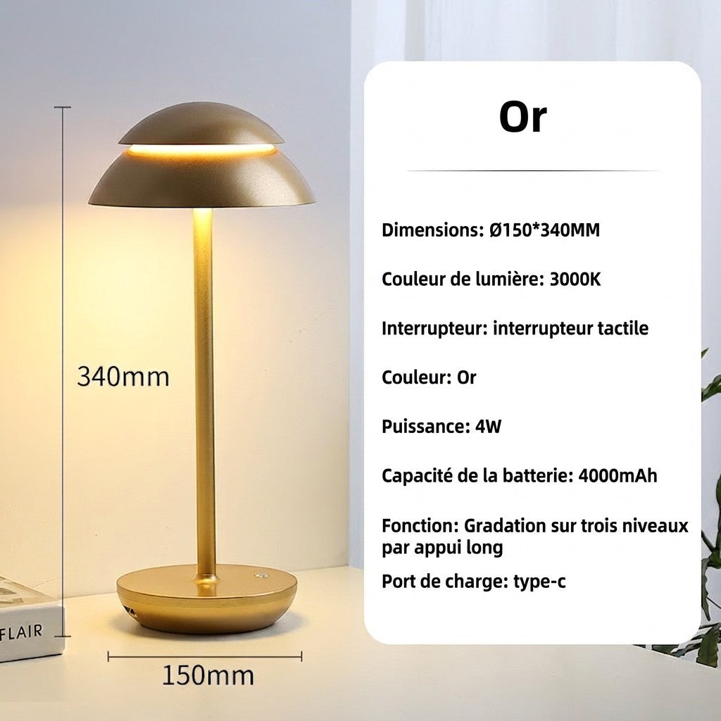 Lampe de table Lumeoo SKANDOR dorée au design nordique minimaliste avec éclairage LED rechargeable et tactile