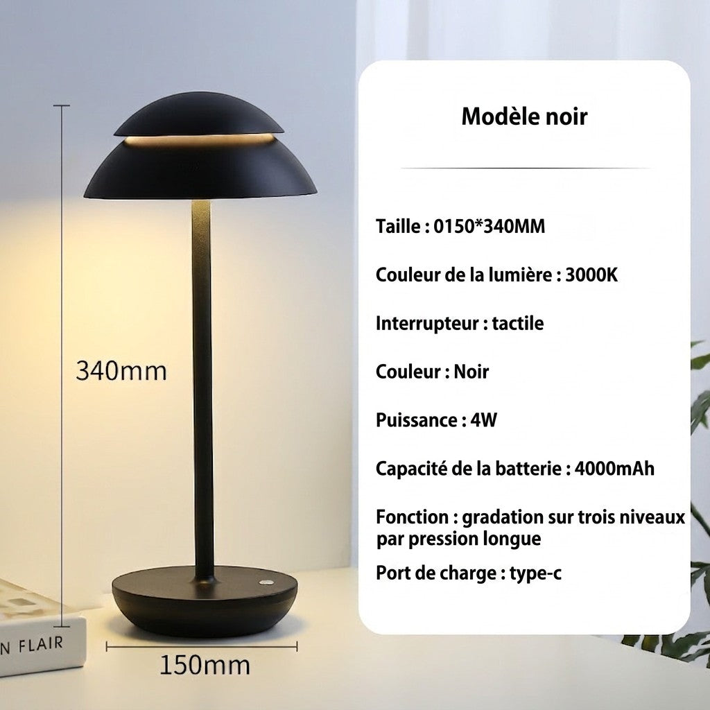 Lampe de table Lumeoo SKANDOR noire au design nordique minimaliste, rechargeable avec éclairage LED tactile.