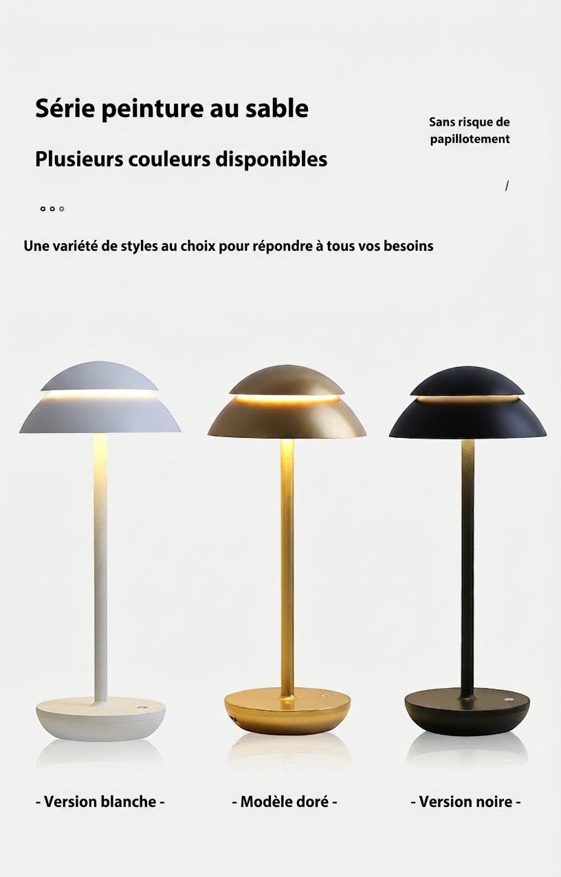 Trois lampes de table Lumeoo SKANDOR minimalistes rechargeables en finitions blanche, dorée et noire