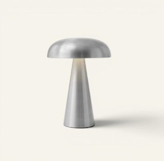 Lampe de table rechargeable Lumeoo au design rétro en métal argenté brossé avec une forme champignon élégante