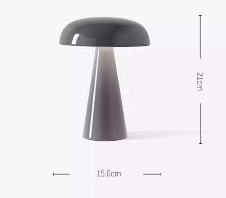 Lampe de table rechargeable Lumeoo grise au design champignon rétro et élégant avec dimensions indiquées