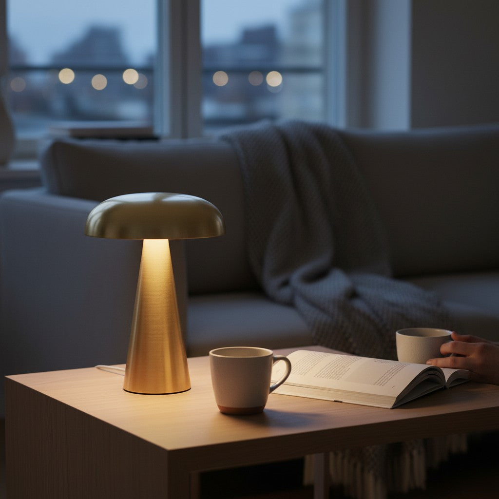 Lampe de table rechargeable Lumeoo BAROVA dorée au design rétro européen posée sur une table basse dans un salon cosy