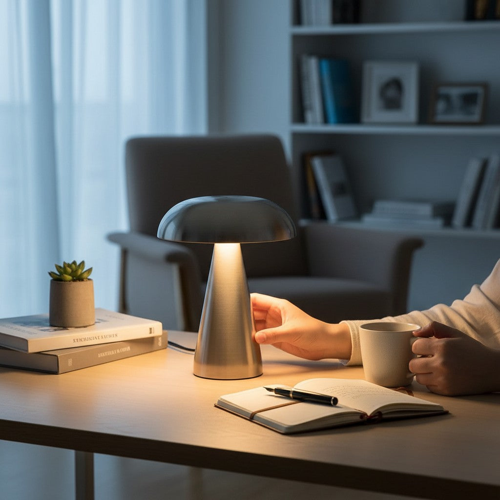 Lampe de table rechargeable Lumeoo au design rétro européen en métal brossé diffusant une lumière chaude sur un bureau