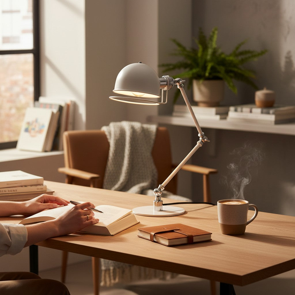 Lampe de table Lumeoo rétro réglable blanche sur un bureau en bois avec une personne écrivant et une tasse de café Image