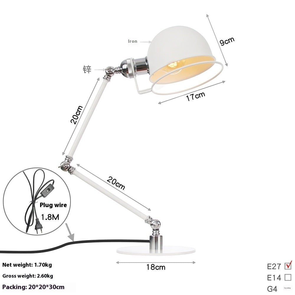Lampe de table Lumeoo rétro en fer forgé blanc avec bras articulé réglable et design industriel américain
