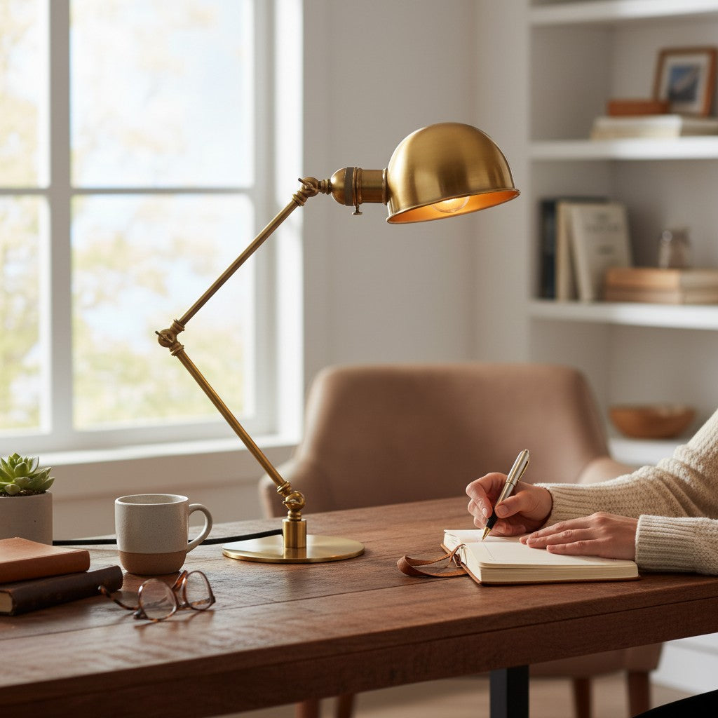 Lampe de table Lumeoo rétro en métal doré réglable sur un bureau en bois avec une personne qui écrit