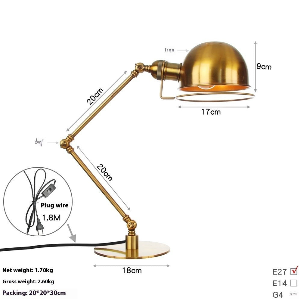 Lampe de table Lumeoo rétro en fer forgé doré avec bras articulé réglable et dimensions techniques détaillées