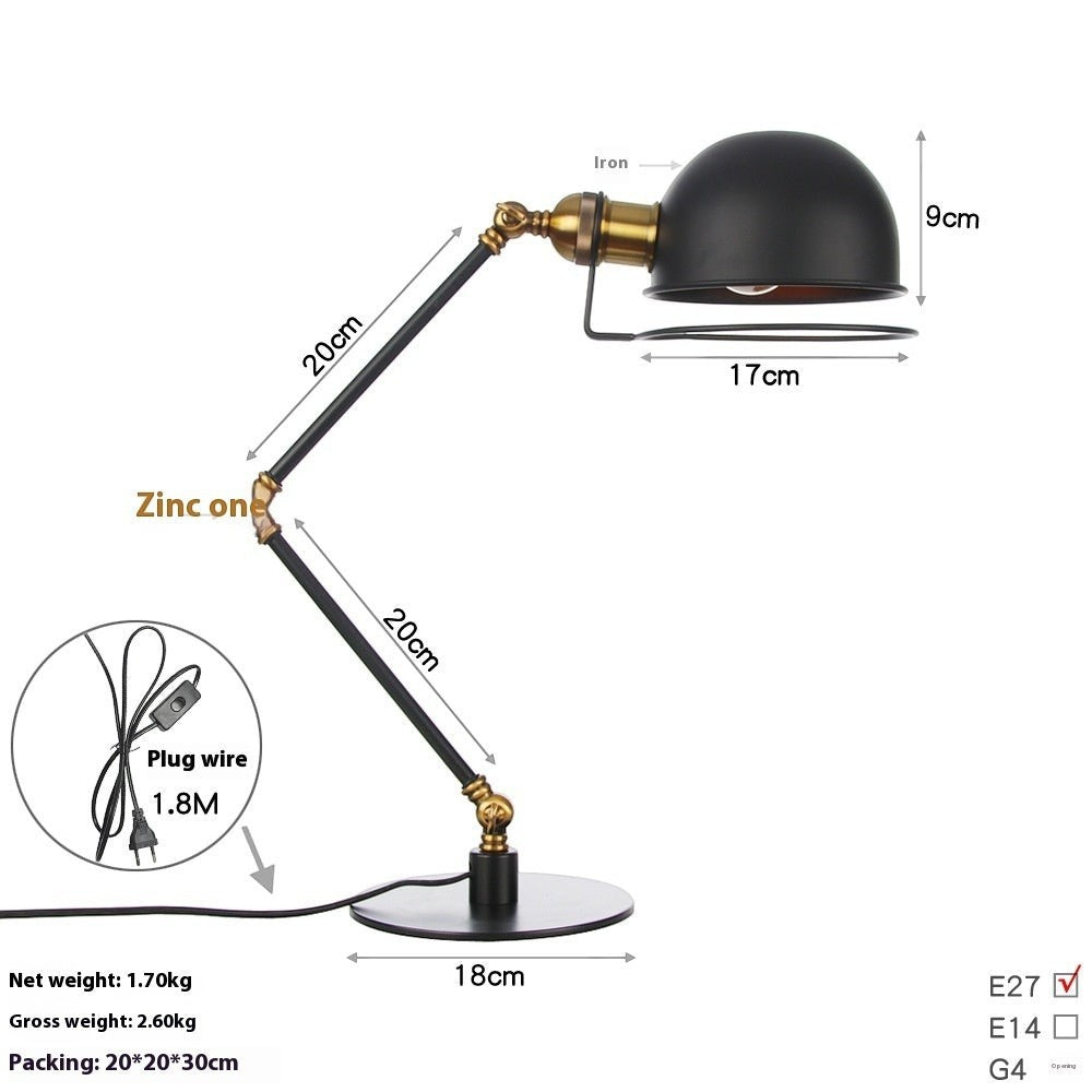 Lampe de table Lumeoo rétro en fer forgé noir avec bras articulé réglable et détails dorés pour bureau ou salon
