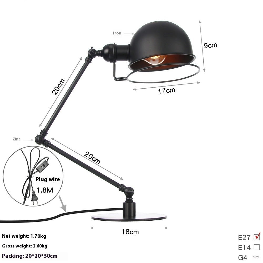 Lampe de table Lumeoo rétro en fer forgé noir avec bras articulé réglable et design industriel américain