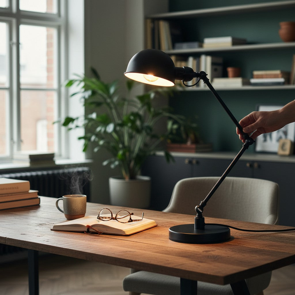 Lampe de table Lumeoo rétro en fer forgé noir avec bras articulé réglable sur un bureau en bois