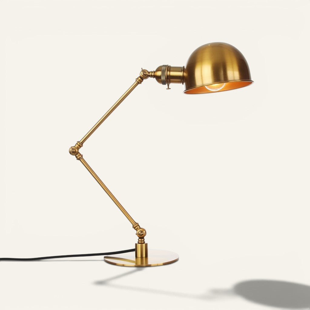 Lampe de table Lumeoo rétro en métal doré avec bras articulé réglable et abat-jour hémisphérique style industriel