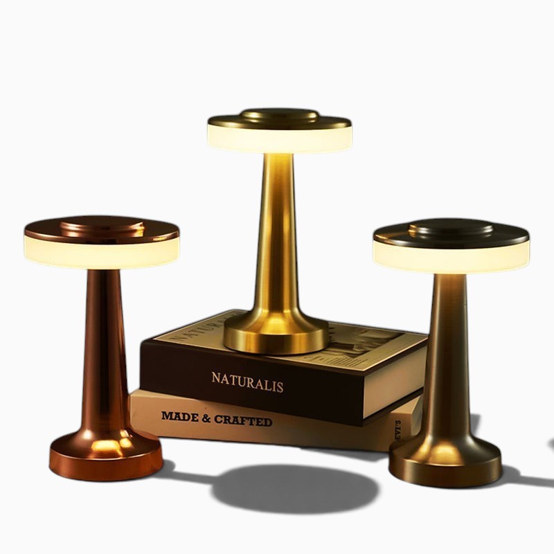 Trois lampes de table sans fil Lumeoo en métal doré, bronze et noir, design LED tactile et rechargeable