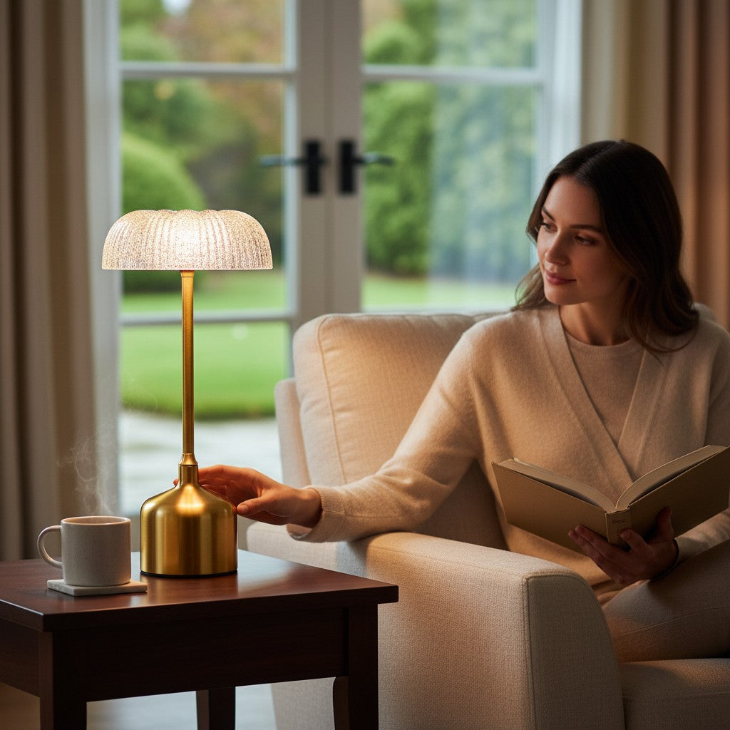 Lampe de table vintage Lumeoo en métal doré avec abat-jour texturé, posée sur une table près d'une femme lisant