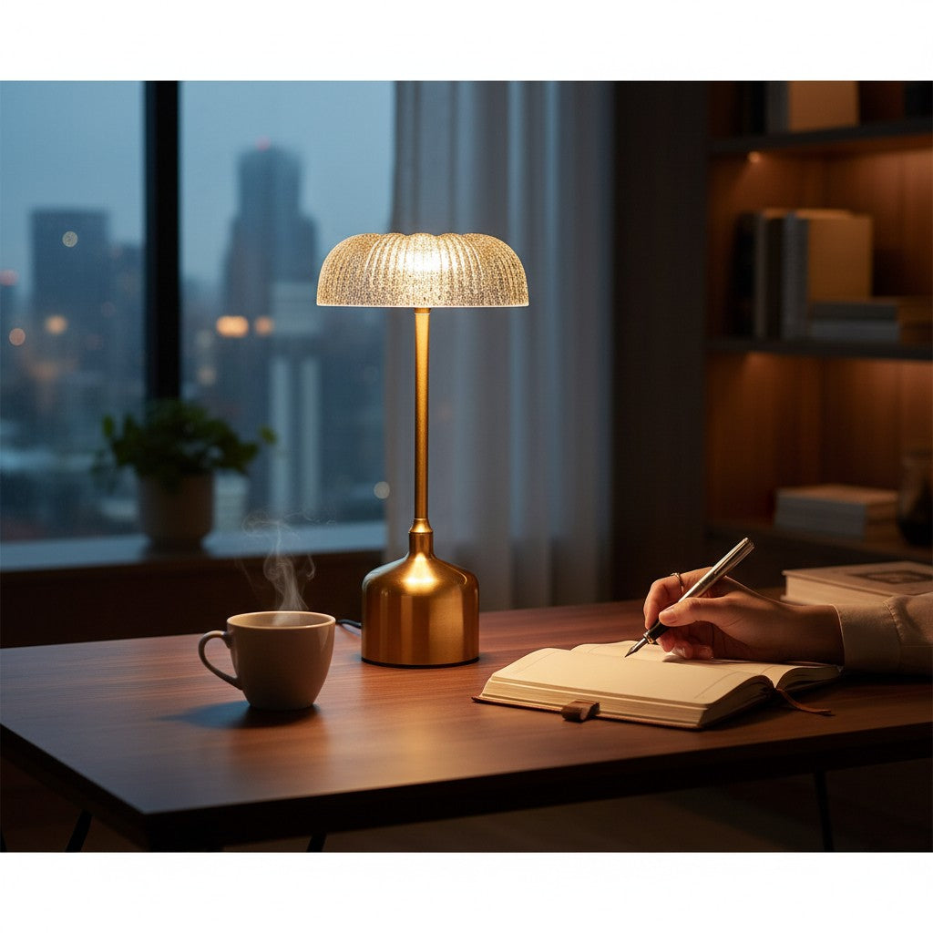 Lampe de table Lumeoo IRONOVA dorée au design vintage avec abat-jour texturé diffusant une lumière douce sur un bureau Image