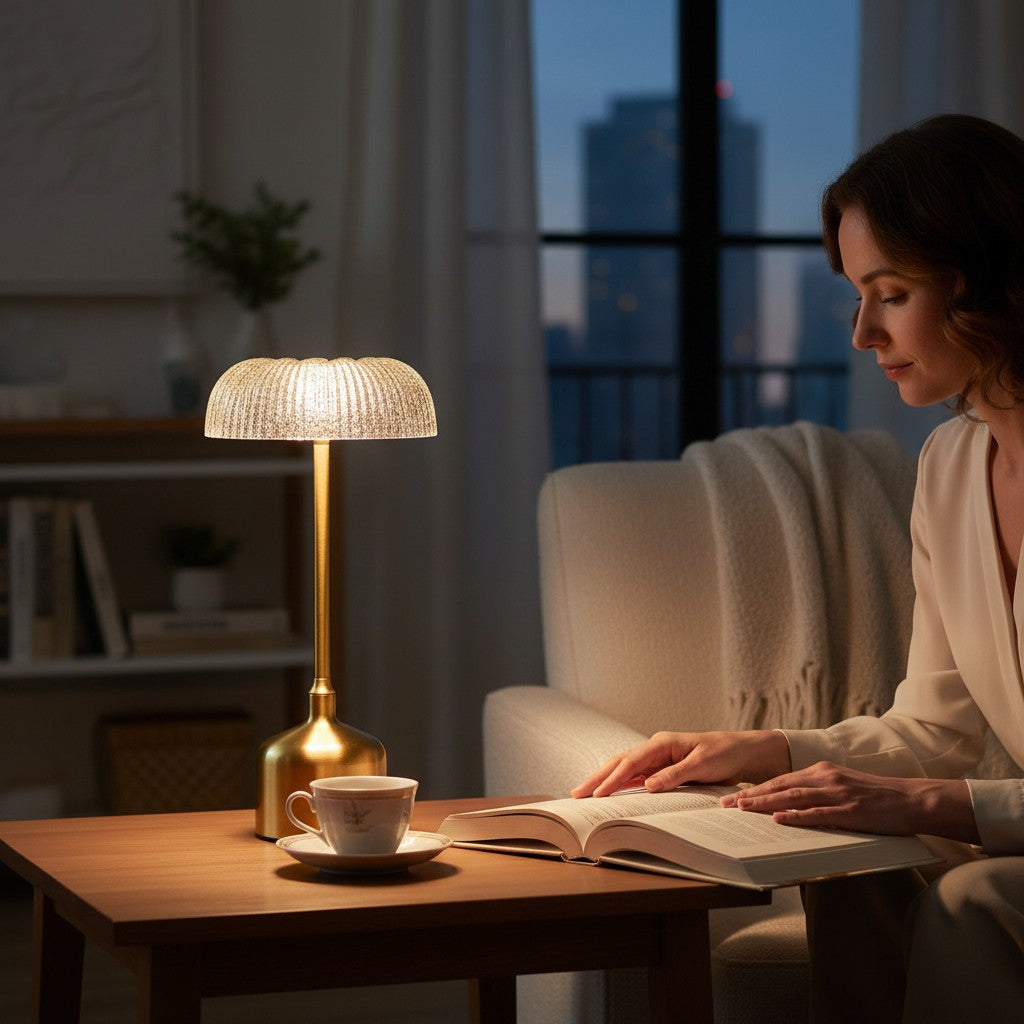 Lampe de table Lumeoo vintage en laiton doré avec abat-jour en verre texturé diffusant une lumière douce pour la lecture