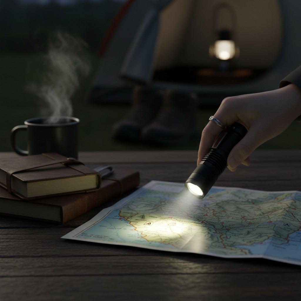 Lampe de poche LED COB Lumeoo en aluminium noir éclairant une carte sur une table de camping en extérieur