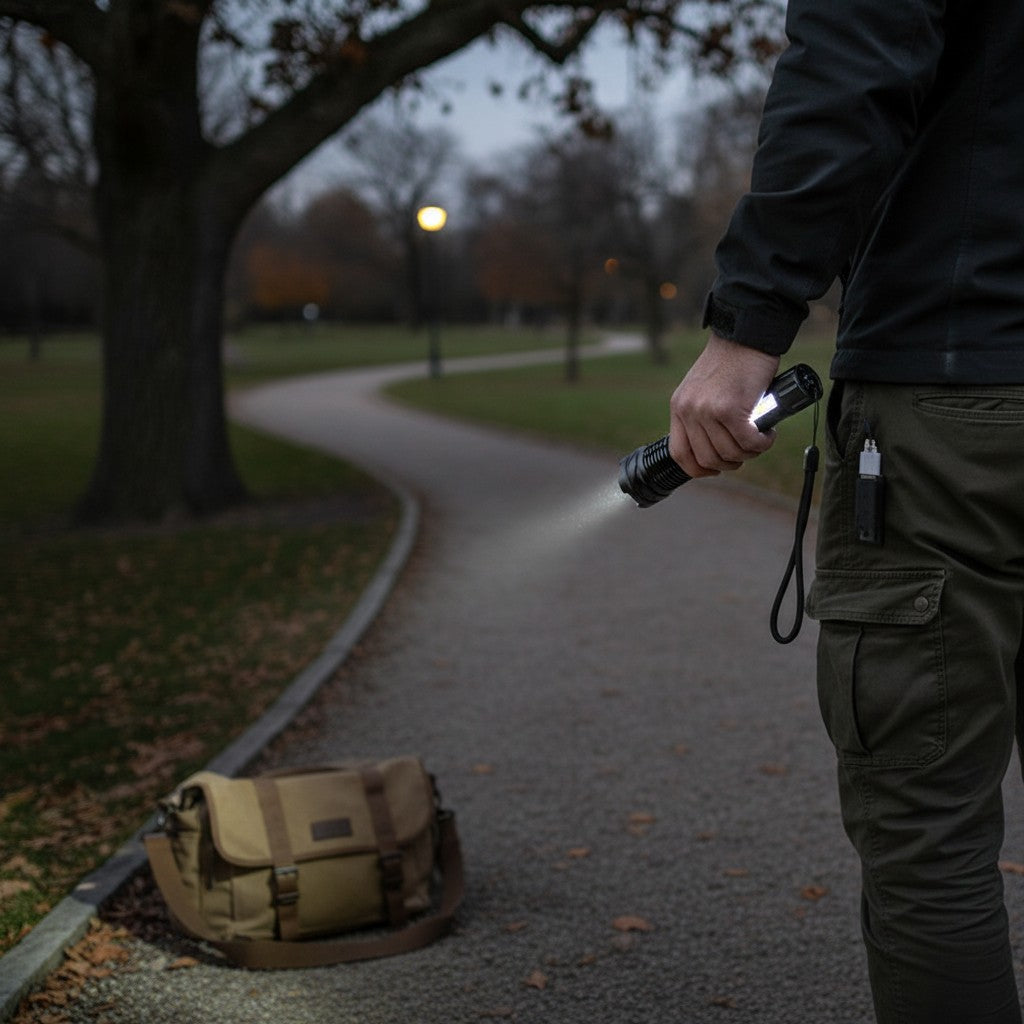 Lampe torche LED Lumeoo 5000 lumens rechargeable tenue à la main éclairant un sentier de parc en soirée