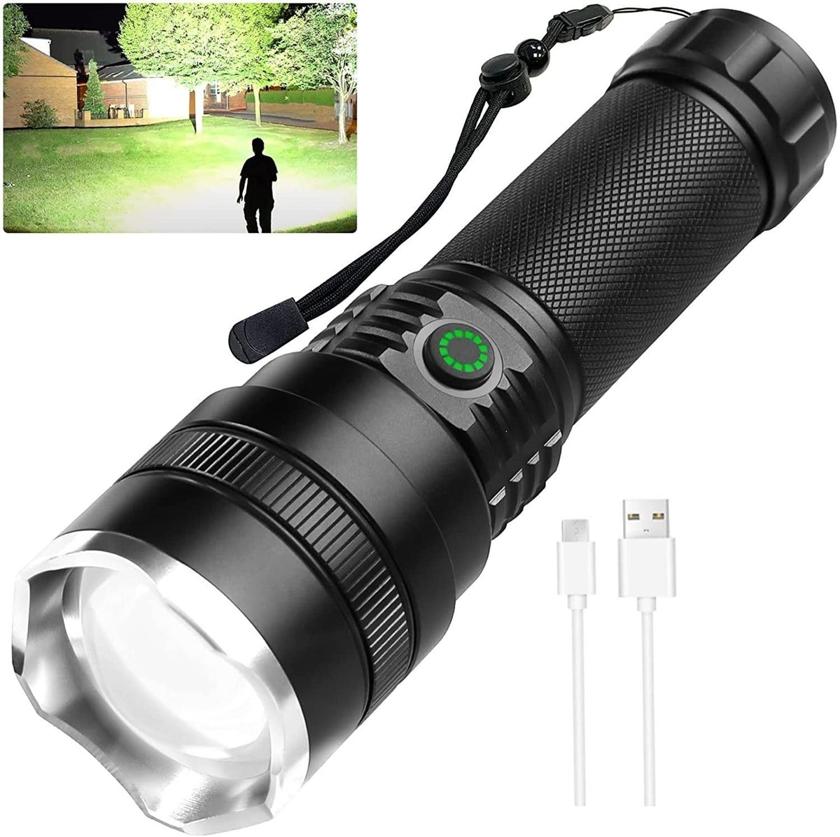 Lampe de poche LED Lumeoo rechargeable, noire, robuste, portée 2000m avec câble USB, idéale pour camping et randonnée