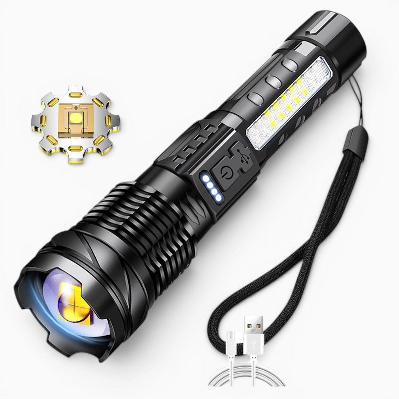 Lampe torche LED Lumeoo 5000 lumens rechargeable, noire, avec faisceau puissant, éclairage latéral et câble USB