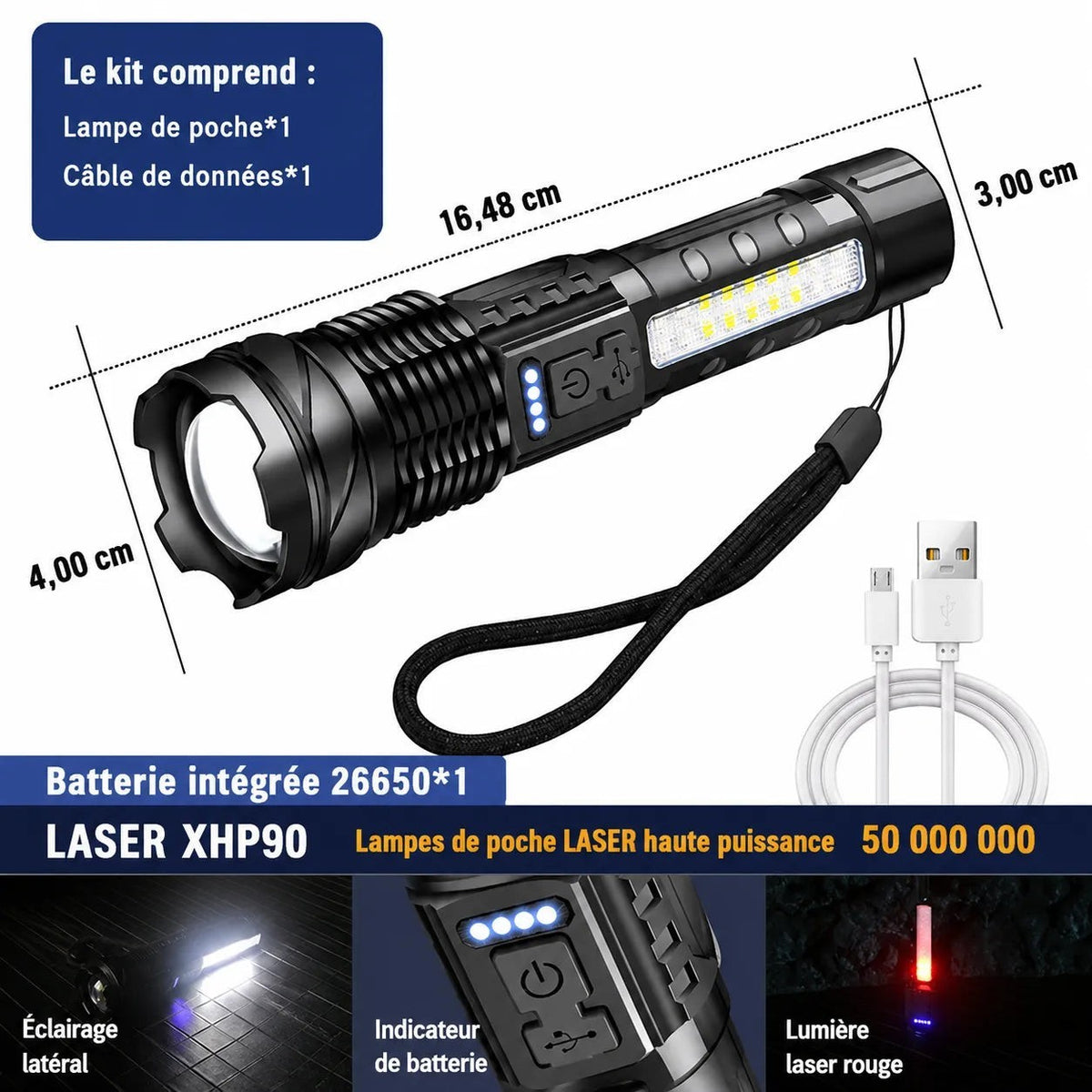 Lampe torche LED Lumeoo POWERLUX rechargeable 5000 lumens avec éclairage latéral, laser rouge et câble USB
