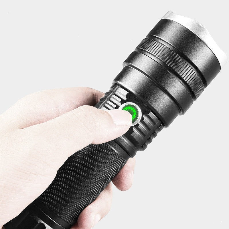 Lampe de poche LED rechargeable Lumeoo SEARCHIX noire robuste avec bouton d'alimentation lumineux pour randonnée