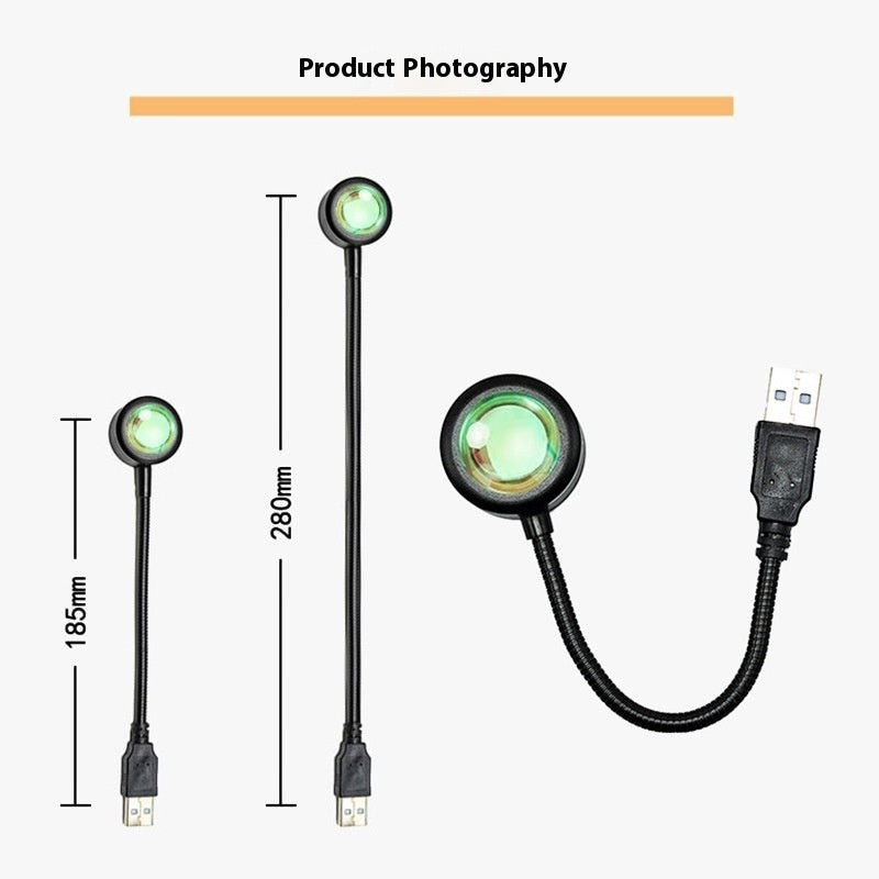 Lampe Lumeoo USB à col de cygne flexible projetant des couleurs arc-en-ciel, dimensions 185mm et 280mm